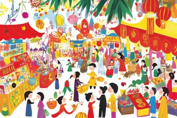 Naklejka premium Vibrant Chinese Market Scene with Lanterns and Festive Decorations for Holiday Celebrations