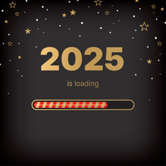 Christmas loading bar. 2025 New Year card on black background with gold stars and snowflakes.