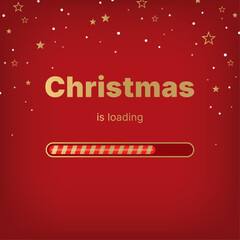 Christmas loading bar. Xmas and New Year card on red background with gold stars and snowflakes.