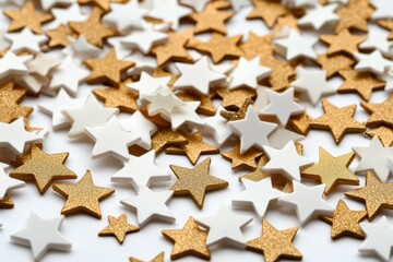 Simple Christmas stars in gold and cream, scattered across a soft white backdrop for a festive yet understated pattern