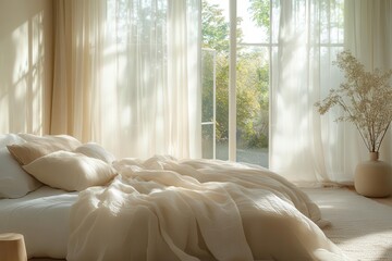 minimalist modern bedroom filled with natural light featuring a large window adorned with sheer curtains creating a calm and peaceful atmosphere