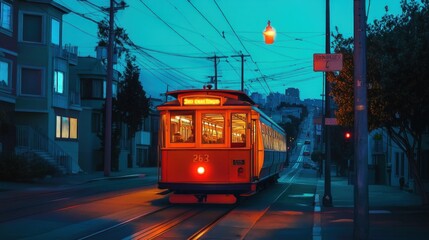 Obraz premium A vintage streetcar travels up a hill in a city at dusk, with glowing streetlights and a vibrant blue sky.