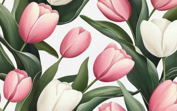 Simple tulips in pastel pink and mint green repeat on a white canvas, forming a soft, serene, and balanced floral arrangement