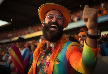 Cheerful fan celebrating at a vibrant sports event