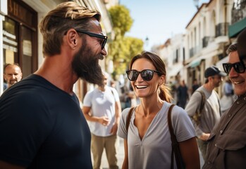 Smiling friends enjoying a sunny day in a lively street