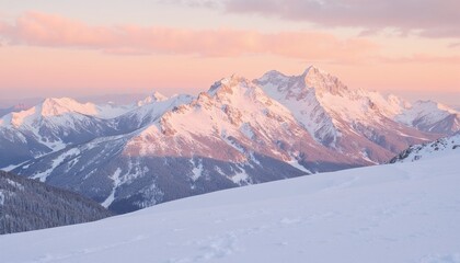 Fototapeta premium Majestic snow-capped mountains glowing peacefully at sunset against pink sky