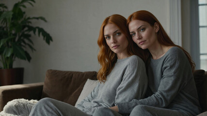 Obraz premium Two Redhead Women Relaxing on Sofa in Cozy, Minimalist Living Room with Natural Light