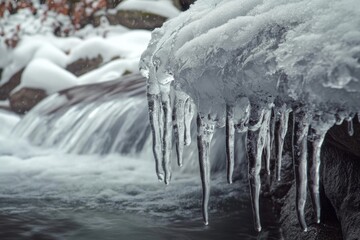 Serenity of frozen waterfall with icicles in winter landscape