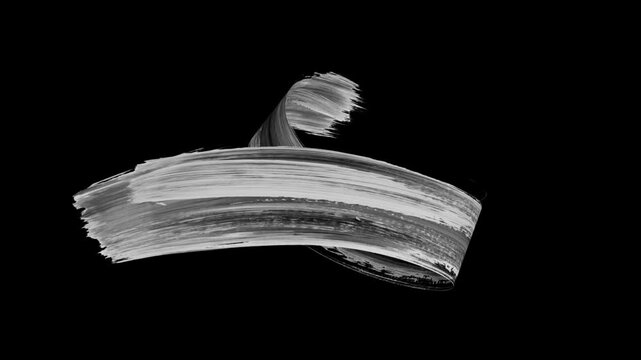 Creative 3D animation. Monochrome brush stroke moves on a spontaneous trajectory, isolated on black background. Abstract shape drawn with paint