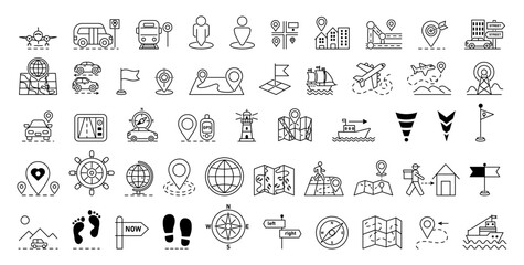 A collection of icons representing navigation, vehicles, and maps on white background. Vector illustration