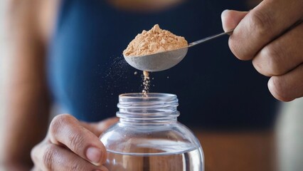 Pouring Electrolyte Powder into Water for Hydration and Fitness Supplement