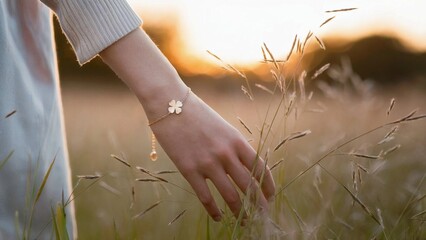 Elegant Clover Charm Bracelet Worn on Wrist in Outdoor Natural Setting
