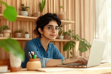Fototapeta premium Focused woman working on laptop in cozy home office with plant decor