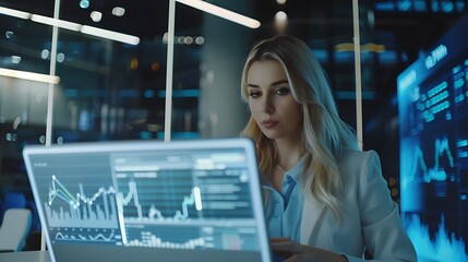 Young businesswoman working with laptop at night in office. Business and finance concept