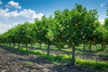 Orchard of apple trees. Trees with green apples planted in row against the background of the sky.