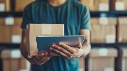 Young man holding digital tablet and cardboard box in warehouse. Online shopping and delivery concept