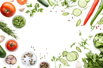 Fresh vegetables and herbs arranged in a circular layout on a textured surface.