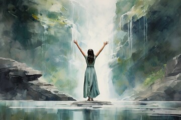 Obraz premium a girl was standing spreading her arms in front of a waterfall in the forest