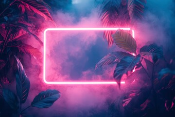 Fototapeta premium Neon Light Frame Surrounded by Tropical Plants and Smoke