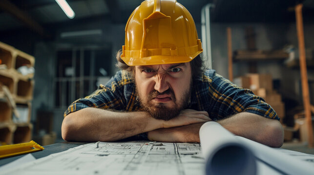 A frustrated construction worker in a hard hat angrily shouts at a worksite, leaning over blueprints with intense emotion.
