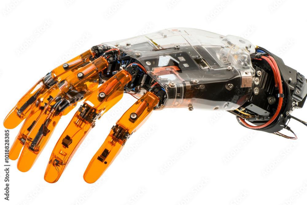 Poster Robotic hand with transparent design and orange fingers, showcasing advanced engineering and innovation on a white isolate background.