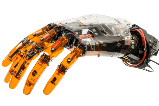Robotic hand with transparent design and orange fingers, showcasing advanced engineering and innovation on a white isolate background.