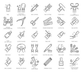 Nail manicure service icons. Nail polish and hand care tools of beauty or spa salon vector thin line symbols. Fingernail file, scissors, cutter and buffer, cuticle clipper, nipper and hand skin cream