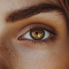 Close-up shot of an open brown honey amber shade beautiful female eye autumn warm dark shades