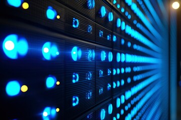 Obraz premium Server Rack with Glowing Blue Lights in a Data Center