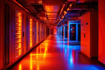 Rows of Server Racks in a Data Center with Red and Blue Lighting