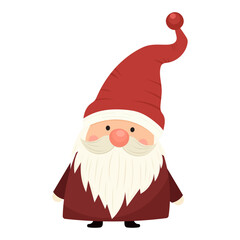 Cute Christmas gnome vector illustration with red hat and white beard on white isolated background. Cheerful gnome in kids cartoon character concept. For cards, posters, characters Christmas stories.