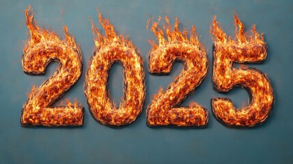 2025 painted in a gradient of rich, glowing flames, like it’s burning, with dynamic fire and heat energy 