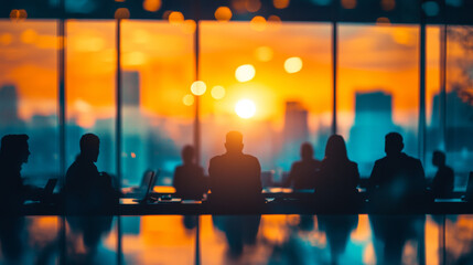 The meeting hall is illuminated by the rays of the setting sun. Colleagues are holding a meeting