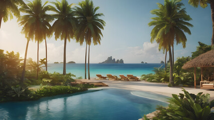 Fototapeta premium Travel landscape, beach with blue water and sky at summer. Scenery tropical paradise resort. AI generated image, ai.