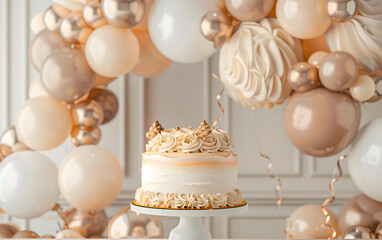 Elegant celebration cake with balloon arch in soft peach and gold tones for a chic party atmosphere
