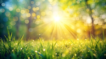 Sunlight shining through trees onto dewy grass in morning.