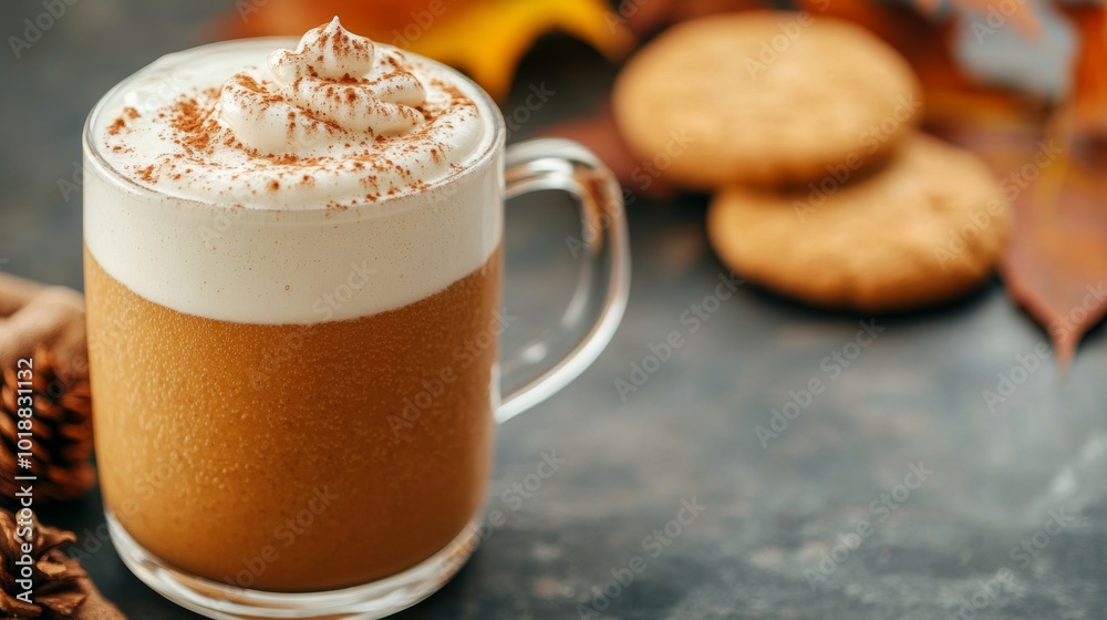 Sticker Butterbeer with creamy foam overflowing, served with a side of ginger cookies cozy autumn background 