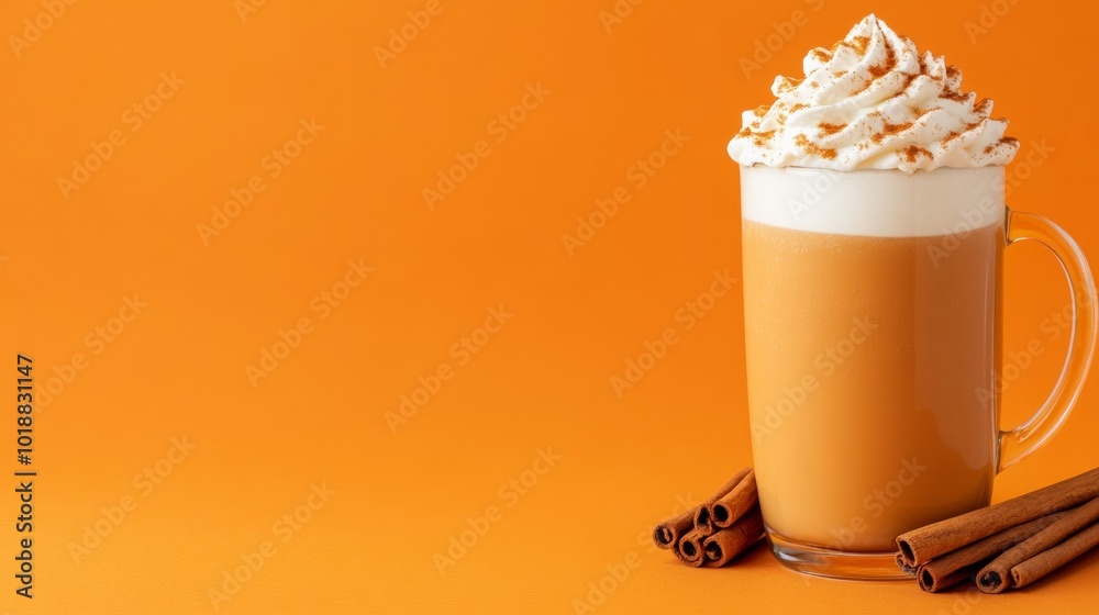 Sticker Butterbeer with frothy topping isolated on a warm orange gradient background with cinnamon sticks beside it 