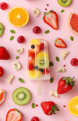 Ice cream popsicle. Fruity popsicle, ice cream with berries, fruits on color pastel background. Frozen fruit berry popsicle. Homemade ice lolly. Summer ice cream minimal fashion idea. Realistic photo