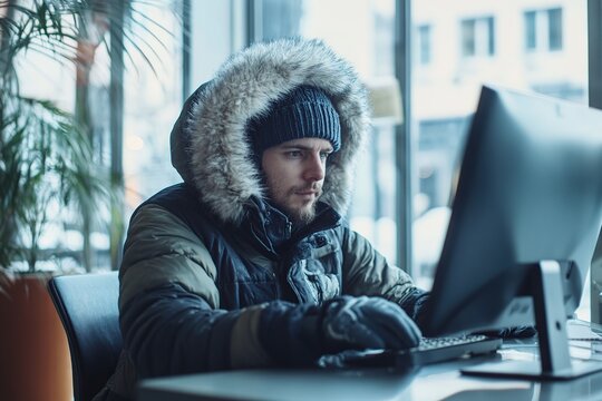 Freezing man in warm clothes working at computer in business office