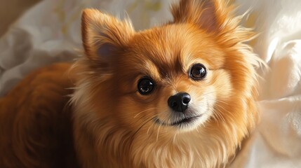 Obraz premium A small, fluffy, red dog with big, brown eyes stares directly at the camera.