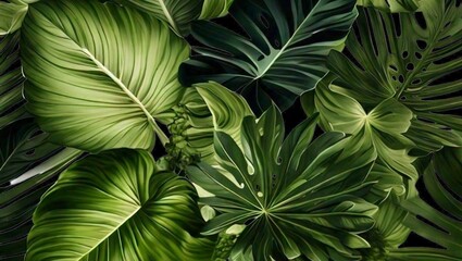 Fototapeta premium Tropical forest wallpaper featuring monstera and palm leaves in a handdrawn pattern Concept Botanical , high quality 4k hd background 16:9 YouTube thumbnail 