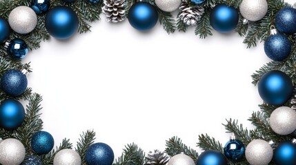 Christmas frame decorated with shimmering silver and blue ornaments, perfect for a cool and elegant holiday design 