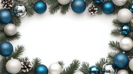 Christmas frame decorated with shimmering silver and blue ornaments, perfect for a cool and elegant holiday design 