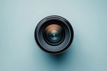 New camera lens on blue background