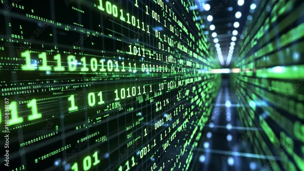 Poster digital tunnel filled with binary code and glowing data streams in a futuristic setting