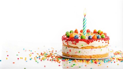A birthday cake with a lit candle on top, set against a white background, ready for your special message.