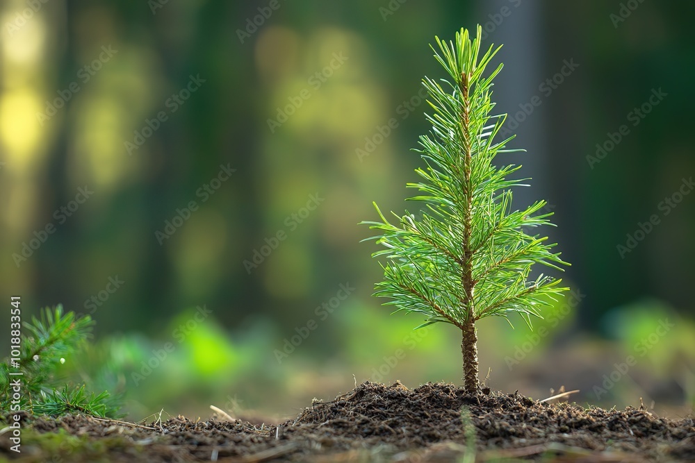 Wall mural young pine tree sapling planted in forest soil