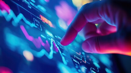 A finger interacts with a digital screen displaying financial data and graphs.