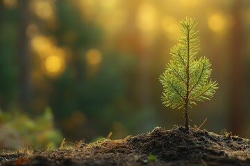 Young pine tree sapling planted in forest soil on sunset background
